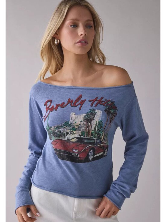 Urban Outfitters Tops - Beverly Hills Graphic Long Sleeve Off-The-Shoulder Tee